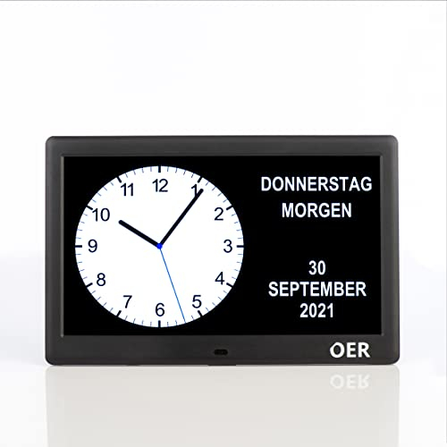 OER - Demenzuhr XXL - Digitaler Kalender und Seniorenuhr - Digitale und analoge Anzeige - Kalenderuhr für Demenz - Schreiben eigenen Alarme - (10 Zoll, Schwarz)