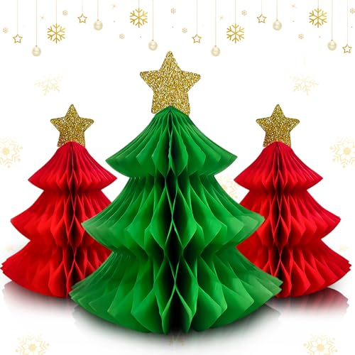 Nexoria Papier Weihnachtsbaum Deko, 3 Stück Weihnachtsschmuck Aus Papier 3D Mini Glitter Rand Papier Waben Weihnachten Hängende Ornamente Wabenornamente Aus Papier Für Weihnachtsdeko Innen (A)