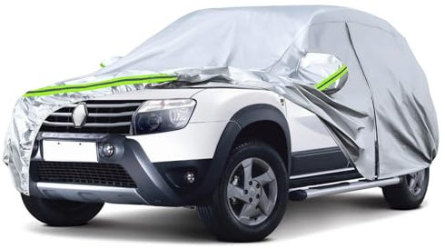 Autoschutzhülle Auto Abdeckung Geeignet für Dacia Duster 2010-2023, Autoabdeckung Auto Abdeckplane mit Türreißverschluss Schloss und winddichten Bändern für Sonne Schnee Regen Staubschutz