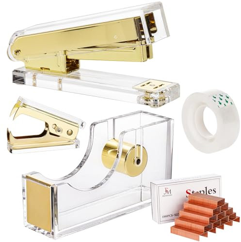 Hiceeden Acryl Gold Hefter und Tape Dispenser Set, Schreibtischzubehör Bürobedarf umfasst Band, Klammerentferner und 1000pcs 24/6 Klammern, moderne niedliche Hefter Set für Schreibtisch