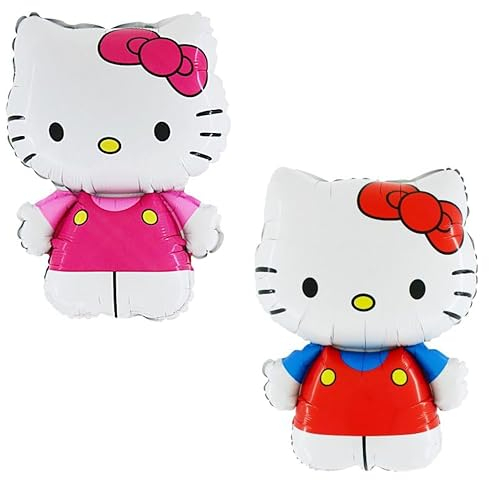 Toyland® Hello Kitty Folienballon-Set, 1 x 75cm (30) große Figur in Rosa und 1 x 75 cm (30) Figur in Rot und Blau, Kinderparty-Dekorationen