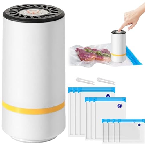 Mini Machine à Sceller Sous Vide Manuelle Chargement USB, Appareil Mise Sous Vide, 10 Sacs Réutilisables,Pompe à Vide Alimentaire Cuisine Automatique Portable pour Conservation Aliments,Fruits,Légumes