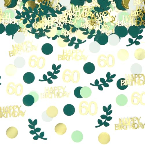 Bluelves 200 Stück Konfetti 60 Geburtstag Deko Gold Grün, Streudeko 60. Geburtstag, Tischdeko Frau Mann, Luftschlangen Happy Birthday Deko