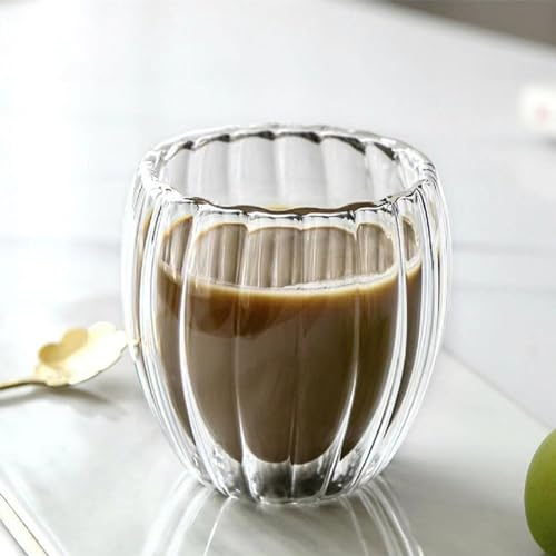 Borosilicate Glass Coffee Mugs - Vertical Stripe, Double Walled, Insulated Egg Shaped, Clear, No Handles for Cappuccino, Latte, Tea, Milk