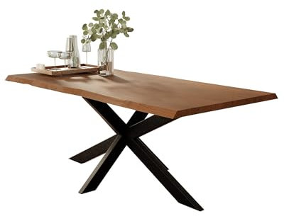 Liadomo Esstisch 200x100 Isa Nuss, Baumkantentisch, Akazie Massivholz Tisch, 26mm Tischplatte Lackiert, Robust & Pflegeleicht, Unikat, Spider-Gestell Metall schwarz