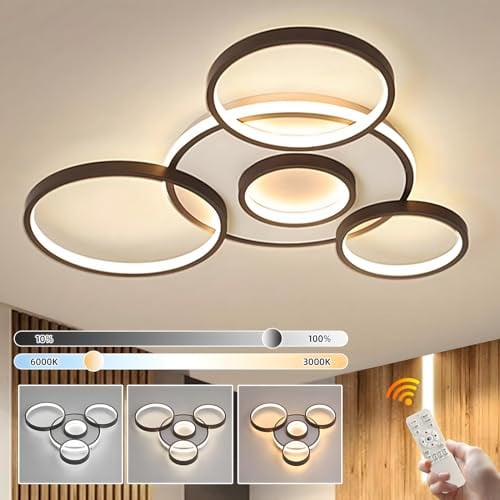 YYUTLUO Moderne LED Deckenleuchte, Ø70cm Schwarze Multi Kreislampe, 58W Stufenlos Dimmbar 3000–6000K, Runder Kronleuchter Aus Metall + Acryl, Schlafzimmer Wohnzimmer Kinder Büro Arbeitszimmer(5 Ringe)