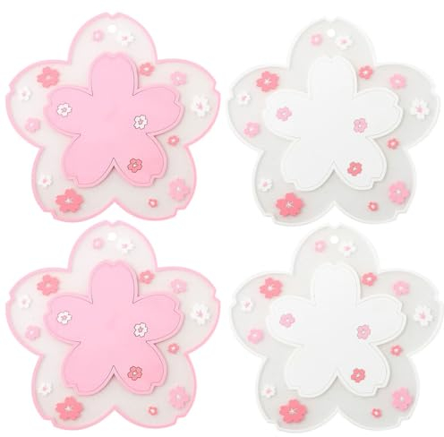 YOCDNOV Lot de 4 sous-Verres en Forme Fleurs Cerisier – Dessous de Verre en PVC et Silicone Sakura, Joli Dessous Verre à Motif Fleurs Sakura pour décoration café Familial (Rose x 2 + Blanc x 2)