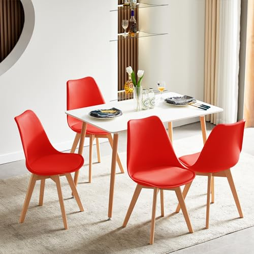 FURNITABLE Esszimmergruppe Esstisch mit 4 Stühlen Essgruppen, Rechteckig 110cm Küchentisch-Set und 4er Set Esszimmerstühle für Wohnzimmer Küche Büro (Weiß Tisch+4 Rot Stühle)
