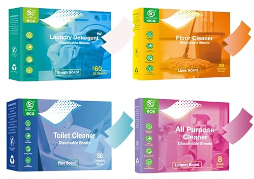 Eco-Friendly Household Cleaning Sheets Bundle: All-Purpose Cleaner (8 Sheets), Floor Cleaner (20 Sheets), Toilet Cleaner (30 Sheets), and Laundry Sheets (30 Sheets, Up to 60 Washes)