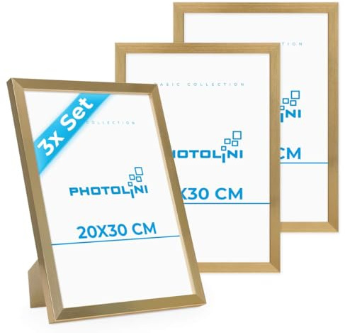 PHOTOLINI Bilderrahmen 20x30 Gold MDF-Holz, 3er Set Poster-Bilderrahmen 30x20 cm, bruchsicheres Acrylglas, zum Aufhängen & Aufstellen, extra Zubehör - für Fotos & Poster