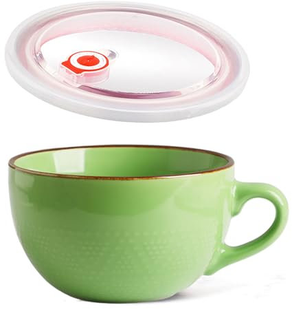 Dowbom Suppenschüssel mit Deckel, 700 ml Porzellan-Ramenschüssel, Instant-Nudel, mikrowellengeeignet, große Suppentasse (grün)