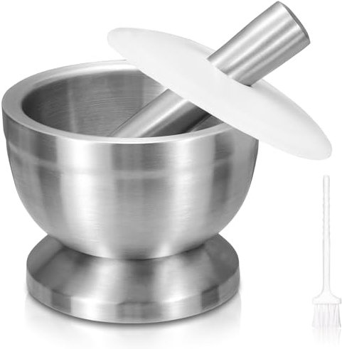Sopito Mörser mit Stößel, 380ml Groß Edelstahl Mörser und Stößel Tablettenmörser mit Deckel, Bürste, Anti-Rutsch-Boden für das Mahlen von Kräutern, Gewürzen, Pillen, 11.7cm Durchmesser