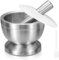 Sopito Mortier avec Pilon, 380 ml, Grand Mortier et Pilon en Acier Inoxydable avec Couvercle, Brosse, Fond Antidérapant pour Moudre des Herbes, des Épices, des Pilules, 11,7 cm de Diamètre
