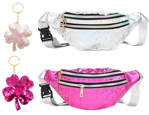 Bauchtasche Mode Wasserdicht Gürteltasche Fächer, MTV Shirt Damen Festival Bauchtasche Set - Langlebige wasserdichte Glitzer Glitzer Bauchtasche, Holographische Silber
