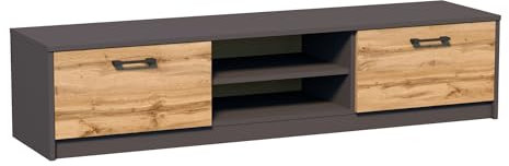 Home Collective TV-Schrank 160cm breit Lowboard Fernsehtisch mit 2 Türen und 2 Regalen, aus laminiertem Board, abgerundete Kante und Metall-Rollschienen Fernsehkommode Graphit Eiche