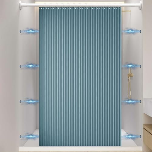 Momooda Tenda Doccia Magnetica Pieghevole Resistente con Ganci, Antispruzzo, Tenda da doccia Impermeabile Antimuffa in lino per il bagno, Blu, 80x200cm