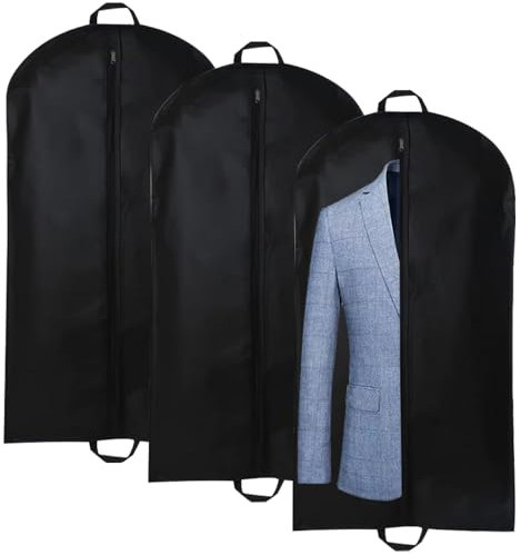 3 Stück Premium Kleidersack, Schwarz Kleidersack, Anzug Transporttasche, Faltbarer Staubschutz mit Tragegriff und Reißverschluss, Wasserdicht Kleidersäcke für Anzug, Jacken, Hemden(60x120cm)
