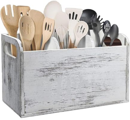 jopiuieo Kitchen Utensil Holder, Wooden Large Capacity Utensil Holder, Vintage Storage Tool With Handles And 3 Compartments, Wooden Utensil Holder For Whisks, Spoons, Skimmers