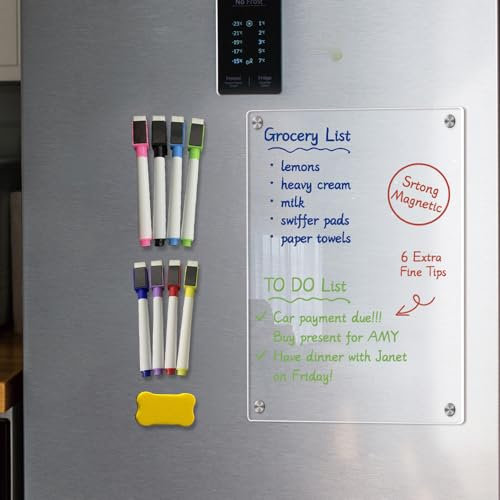 KBIBCK Magnetic Fridge Planner, 11.69''x8.27'' Meal Planner Board, Weekly Planner Magnetic, Clear Acrylic Board with 8 Markers and 1 Eraser, Meal Planner for Fridge, Weekly Planner& Daily Planners