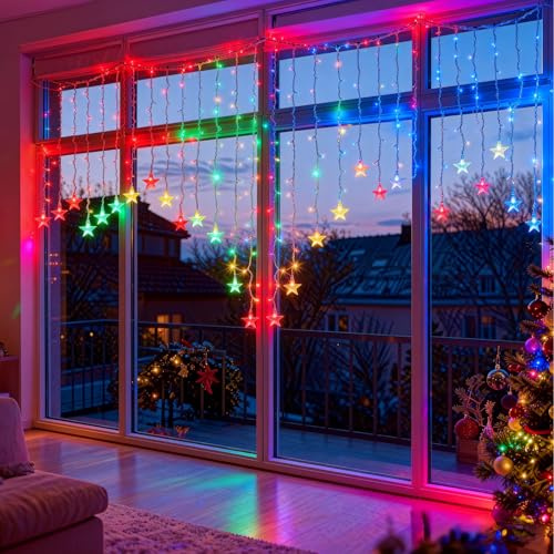 Aigostar Christmas Star Curtain Lights Indoor for Window, 3M x 1.5M 168 LED 8 Modes Christmas Star String Lights, IP44 Waterproof Icicle Light Plug in for Xmas Tree Fence Decoration,16 Stars, RGB