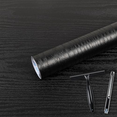 Abyssaly Black Vinyl Wrap Self Adhesive Wallpaper Toolkit Included, Wood Effect Sticky Back Plastic Roll for Furniture, Self Adhesive Vinyl Roll PVC Kitchen 30cm X 200cm