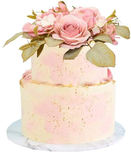 Ephlyn 1 Pack Rose Wreath Cake Topper Decoration Assembled Handmade Wedding Flower Cake Pick for Wedding Birthday Anniversary Party DIY Cake Decorations Supplies Pink