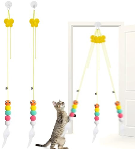 WOLMIK 2 Stück Hängendes Katzenspielzeug, Interaktives Katzen-Spielzeug Selbstbeschäftigung Hängende Türrahmen, Katze Spielzeug mit Glocke und Federn Teaser für Kätzchen Verfolgungsjagd