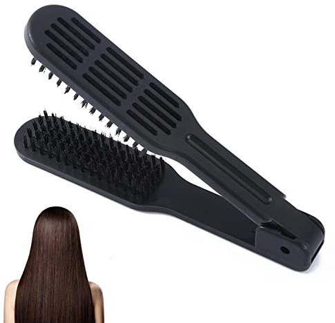 Hair Straightener Brush, Double Sided Bristle Hair Brus-h, Clamp Hai-r Brush for Smoothing, Straightening and Styling, Salon Hairdressing Styling Tool, Home Travel Use(COLOR:Black)