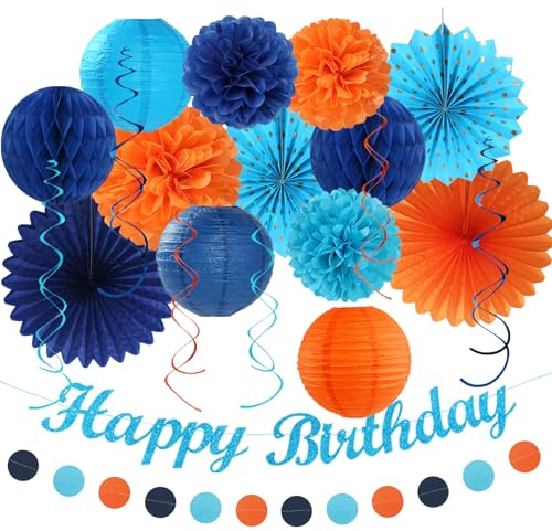 Orange Blue Men Birthday Decorations - 21pcs Happy Banner Garland,Bluey Paper Streamers Lanterns,Flower Tissue Pom Poms Fan Supplies,Hanging Wall Backdrop Party Decor Huglony