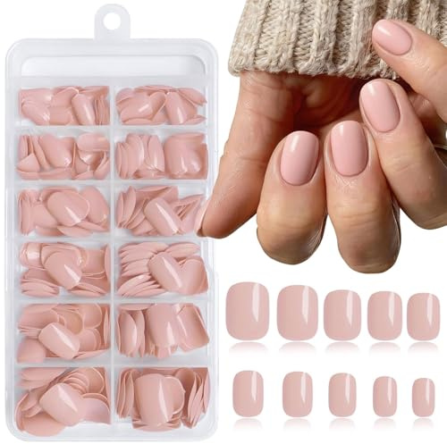 TESGADGETS 240 Pièces Ongles Carrés Nude Beige à Presser, Ongles Artificiels Courts Carrés, Couverture Complète, Faux Ongles en Acrylique avec Onglets Adhésifs