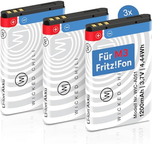 Wicked Chili 3X Akku für AVM Fritz!Fon M3, Ersatzakku mit +20% Kapazität | Ersatzakku für Fritzfon VOIP Telefon, Zubehör für original Fritz Fon Batterie BT239865 Mod. 523450AR1000 (1200mAh Li-Ion)