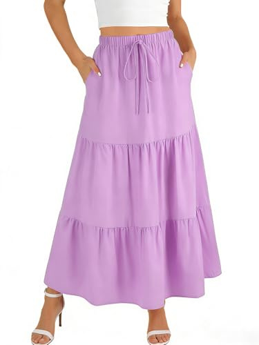WERFORU Gonna lunga da donna con tasche, vita alta con elastico in vita, elegante, maxi gonna lunga estiva