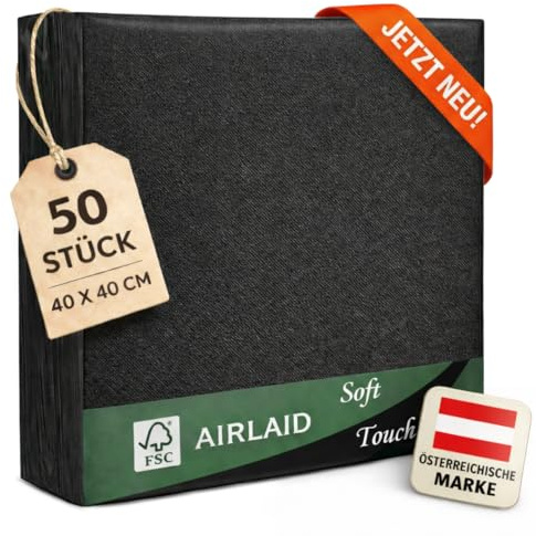 EV® Airlaid Servietten - 50 Stück, Schwarz (40 x 40 cm) - Stoffähnlich | Stilvolle Tischdeko - Einfarbig, Saugstark & Elegant - Ideal für Hochzeit, Geburtstage & Feste
