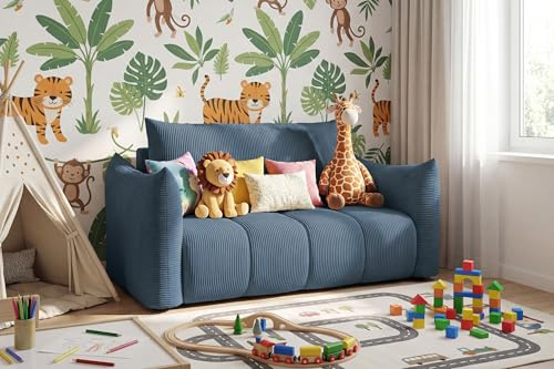 WFL GROUP Schlafsofa 2-Sitzer mit Bettkasten – Ausziehbar Jugendsofa mit Schlaffunktion, Liegefläche 120 x 150 cm – für Jugendzimmer, Kinderzimmer und kleine Räume – Marineblau Cordstoff