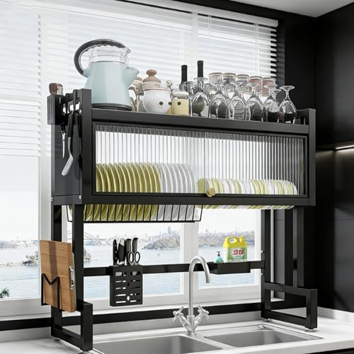 Ruiqas 3-Tier Kitchen Over the Sink Dish Drying Rack with Cover | Heavy Duty Metal, Utensil Holder, Storage Basket, Cutting Board Holder, 6 Hook for Drying Bowls Plates
