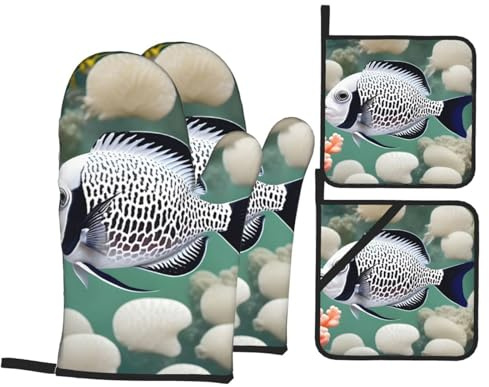 Set di guanti da forno e presine a forma di pesce tropicale bianco, squisiti e unici, spessi guanti di protezione dal calore, con corda