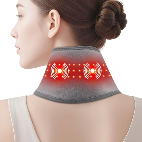 Grey Cordless Neck Heating Pad with Vibration Massage, Portable Neck Warmer with 660nm Red Light, 3 Heat Levels, 3 Vibration Modes, and 3000mAh Battery, Suitable for Women Men, 85cm Length