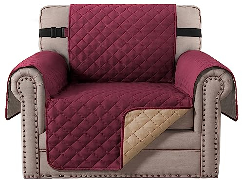 BellaHills Wendbare Stuhlhussen Wasserabweisend Sofabezug für Wohnzimmer 1 Sitzer Sofaschoner von Haustieren, Karomuster Dick Gesteppt mit Gummiband Sitzbreite: 53,3 cm (Stuhl, Burgunderrot/Hellbraun)