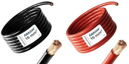 EBROM Batteriekabel ROT (+) SCHWARZ (-) Paar, 16 mm2, Wahl: 6 Meter 16 mm² | Ab 1 m bis 50 m, PLUSKABEL und MASSEKABEL als Kombi 2,5 / 4 / 6 / 10 / 16 / 25 / 35 / 50 oder 70 mm² wählbar 99,9% OFC Kupfer