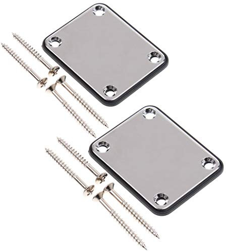 2 Pack Guitar Metal Neck Plates with Plastic Mat for Strat Tele Style Electric Guitar Replacement, Chrome