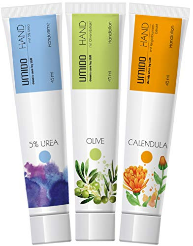 UMIDO 3 Stück Set Hand-Lotion Set 45 ml | 1x mit 5% UREA | 1x Olive | 1x Ringelblume | Handcreme | Pflegecreme | Hand-Pflege | Handcreme Set