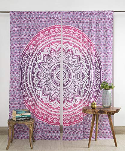 Popular Handicraft Hippie-Boho-Vorhangpaneele mit schönem Ombre-Mandala, indische Fenstervorhänge, Pink, Lila