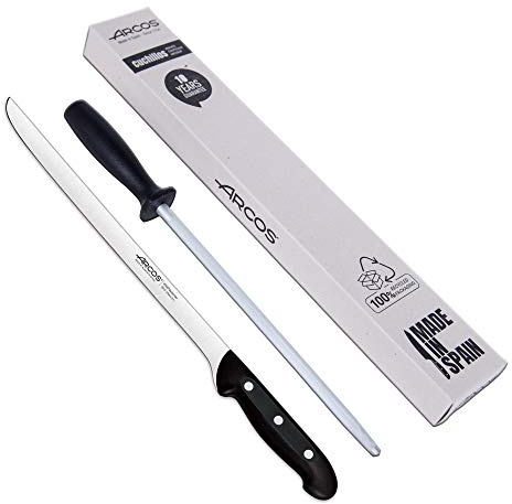 Arcos jamonero Profesional | Cuchillo jamonero jamonero Inoxidable Nitrum | Mango Negro | Cuchillo Jamon iberico | Serie Maitre| Hoja Flexible y Filo Liso | 275 mm | Acero Inoxidable NITRUM