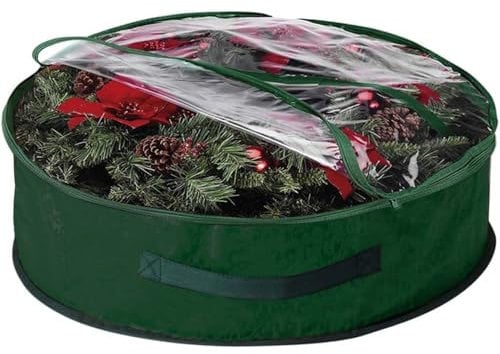 Ram® grüne Weihnachtskranz-Aufbewahrungstasche, 61 cm, Girlande, Kränze mit transparentem Fenster, langlebiges 600D-Oxford-Material.