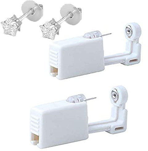 Beaute Self Ear Piercing Gun Earring Disposable Ear Stud Gun Kit Sterile NoPain Tool Pack of 2 (#12 4mm Star Gem, White Gem-Silver Base)