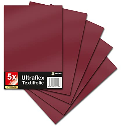 Ultraflex S Textilfolie für Plotter 61 Farben Din A4 Bogen 30x20cm Plotterfolie matt auf Stoffe Kleidung T-Shirt Folie Flexfolie DIY Zubehör (50 Bordeaux, 5er Set)