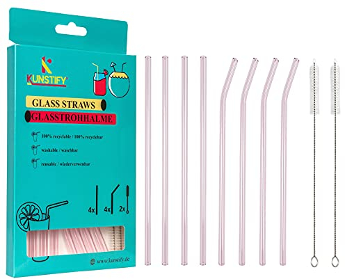 KUNSTIFY 8x Glasstrohalme inkl. Reinigungsbürsten - Nachhaltiges Cocktail Zubehör (Farbe: Pink)