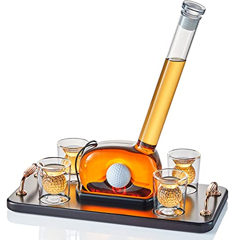 CRAFTGEN Golf Dekanter Whiskey-Set mit 4 Kugelgläsern – einzigartige Geschenke für Männer, 750 ml, Themen-Spirituose, Alkohol, Wein, Scotch, Bourbon, Wodka, Tequila, 53,5 cm x 52 cm, 43 cm
