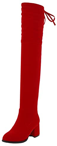 MJIASIAWA Donna Inverno Warm Sopra Il Ginocchio Senza Chiusura Tacco A Blocco Stivali Stretch Festa Tacco Medio Comfy Stivali Alti Rosso Numero 39 EU/40 Asiatico