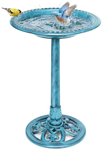 VIVOHOME Vogeltränke 71cm hoch Polyresin leicht antike Optik, Blau | 2-in-1 Funktion aus Vogelbad und Futterstelle. Ausführung im antiken Design. Geeignet für Wildvögel zur Nutzung.